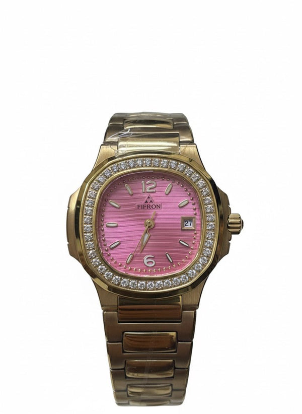 The regal design of the fitron ladies watch: gold with an attractive pink dial