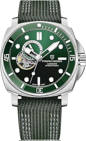 Pagani Design D-1736 Men's Watch, green leather Strap, 43mm, 200m Water Resistance