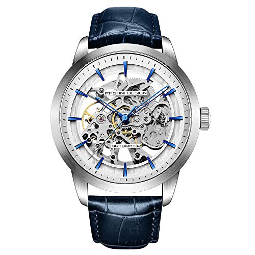 ساعة بيغاني اوتوماتيك السير جلد باللون الازرق المينا اسكيلتون اوبن باك كيس