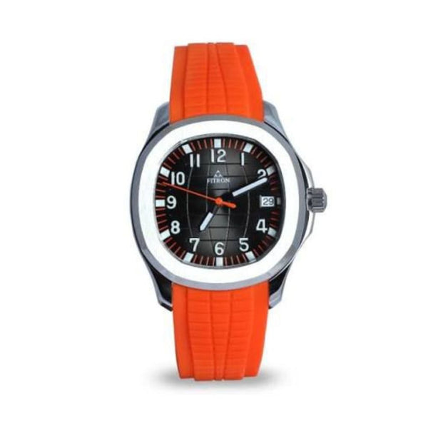 ساعة فيترون رجاليه ربر باللون البرتقالي المينا اسود ارقام انجليزيه الطوق باللون الفضي مقاس 40 قصة الباتك فيلب