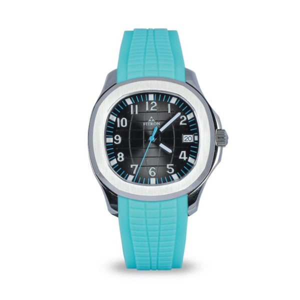 ساعة فيترون رجاليه ربر باللون التفني المينا اسود ارقام انجليزيه الطوق باللون الفضي مقاس 40 قصة الباتك فيلب