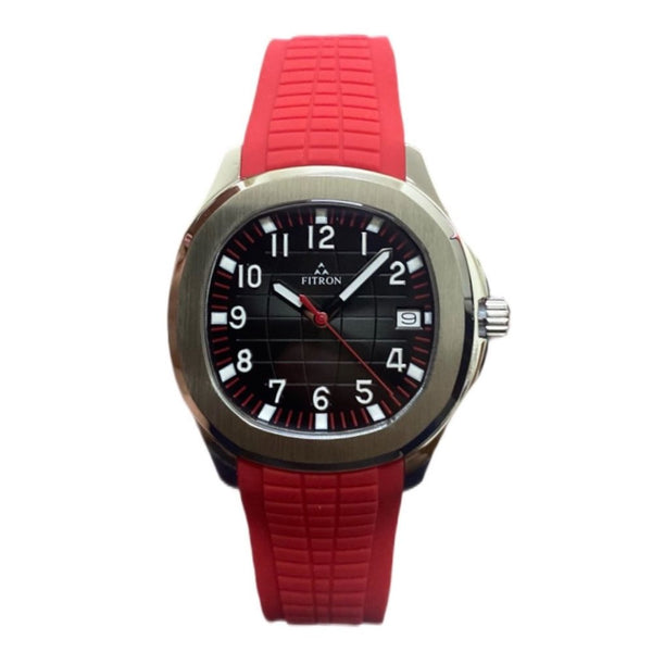 ساعة فيترون رجاليه ربر باللون الاحمر المينا اسود ارقام انجليزيه الطوق باللون الفضي مقاس 40 قصة الباتك فيلب